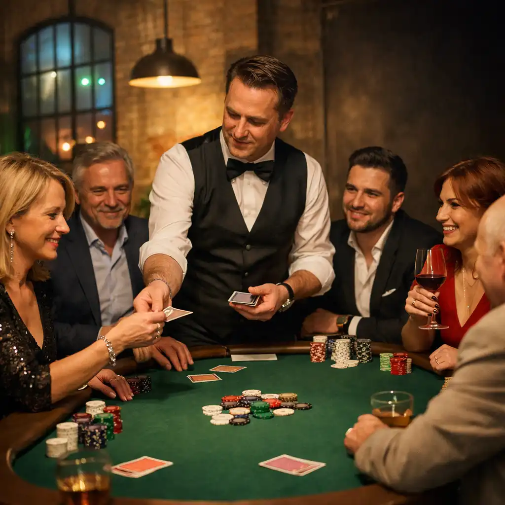 Goście przy fizycznym stole pokerowym podczas eleganckiego Casino Night