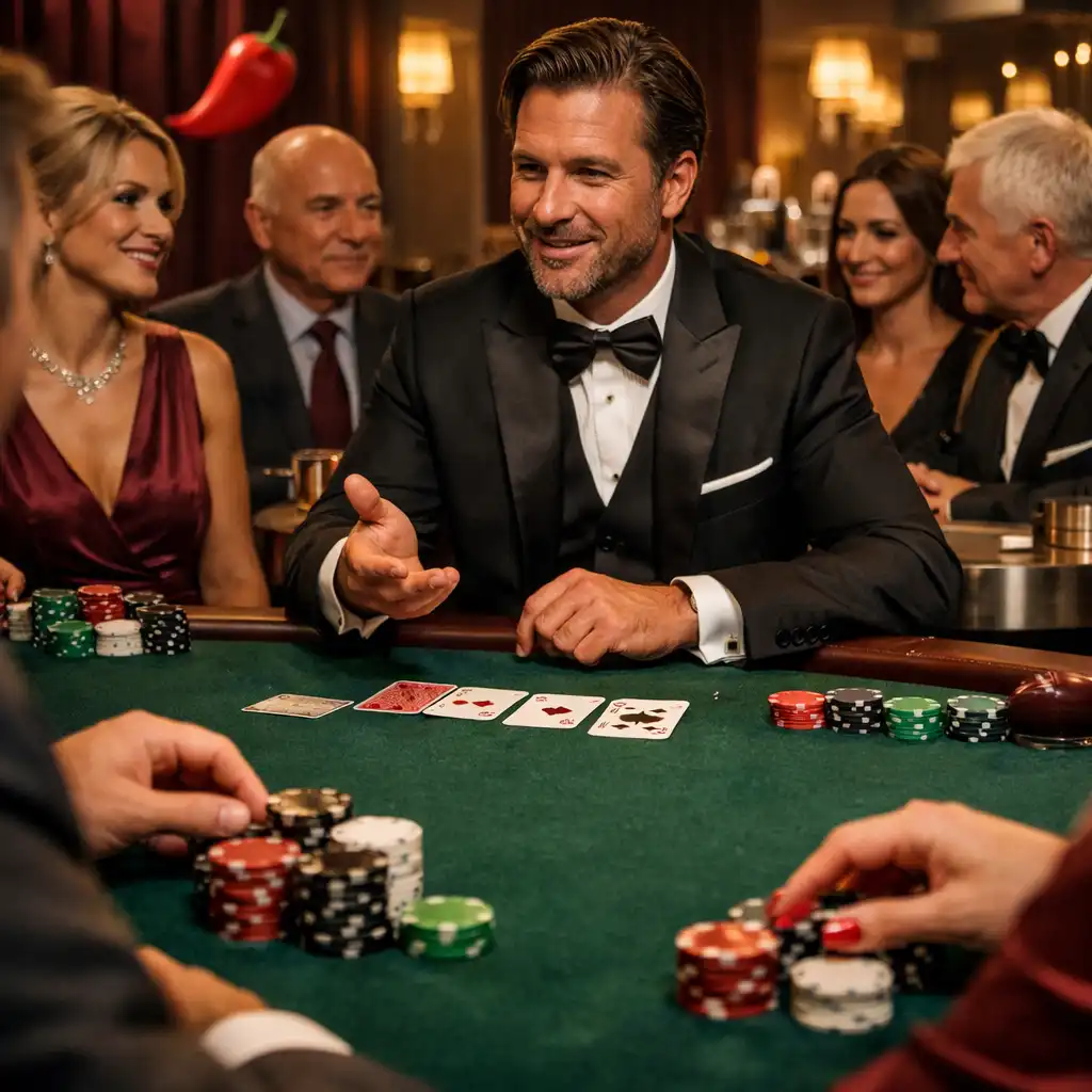 Goście i prowadzący rozmawiają przy pokerowym stole podczas Casino Night offline.