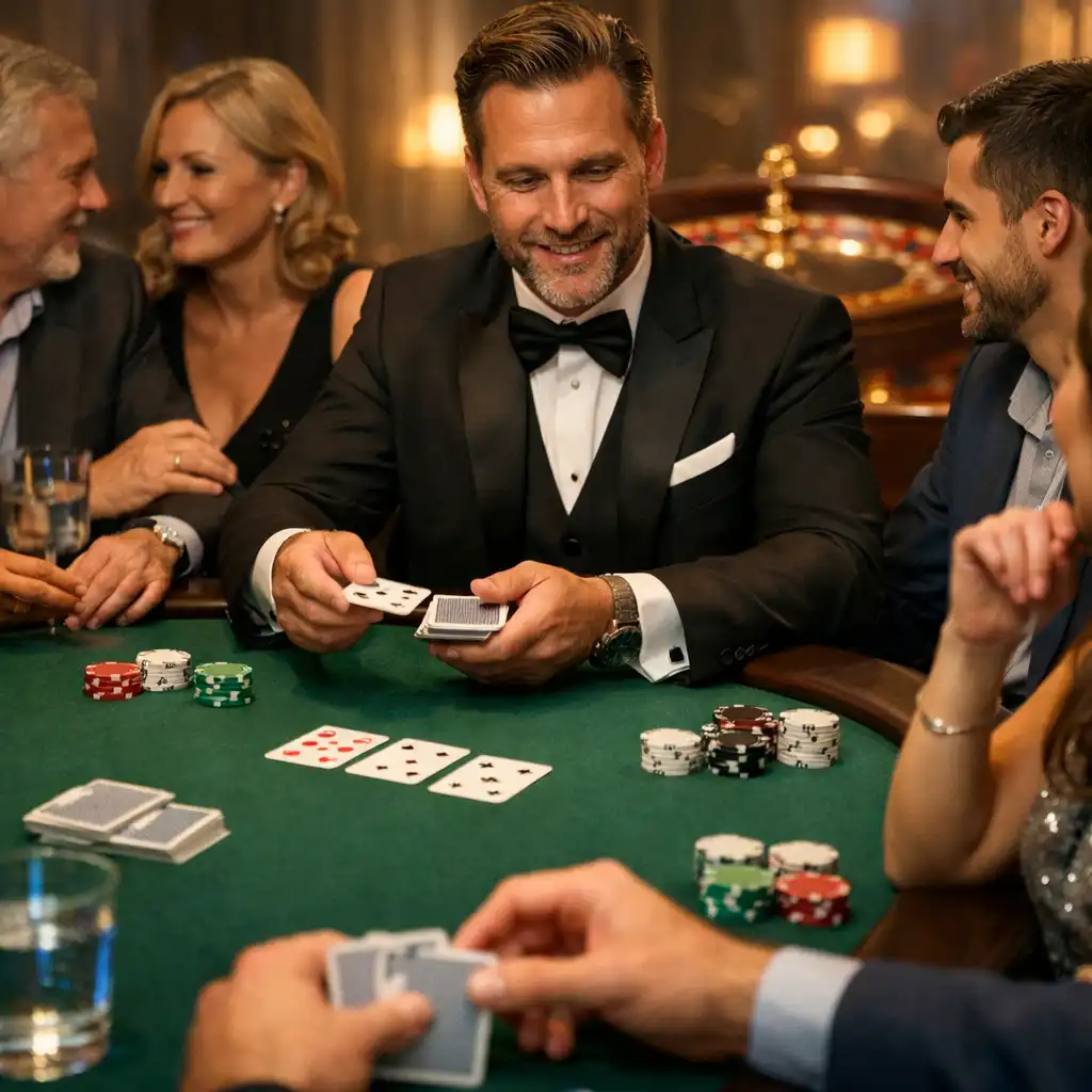 Prowadzący rozdaje karty przy stole pokerowym podczas Casino Night w prywatnej celebracji