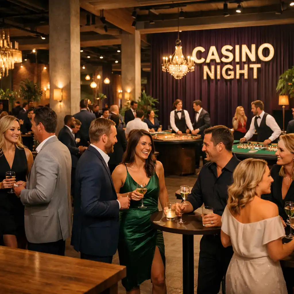 Goście przy stołach pokerowych i cocktail area podczas Casino Night