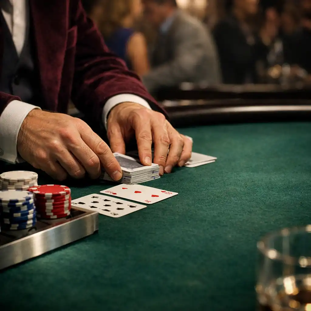 Prowadzący układa karty na zielonym filcu stołu podczas Casino Night