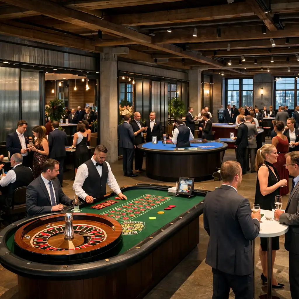 Goście w kilku strefach Casino Night z pokerem, ruletką i blackjackiem