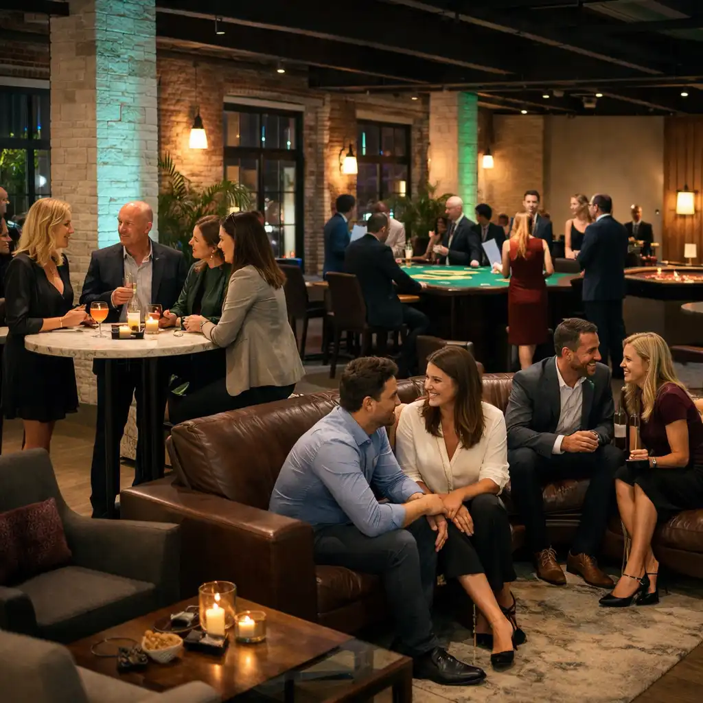 Goście rozmawiają w social lounge i przy cocktail area podczas wieczornego eventu w lofcie.