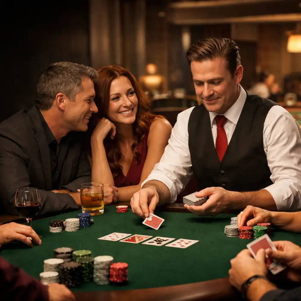 Goście przy zielonym stole pokerowym podczas eleganckiego Casino Night offline