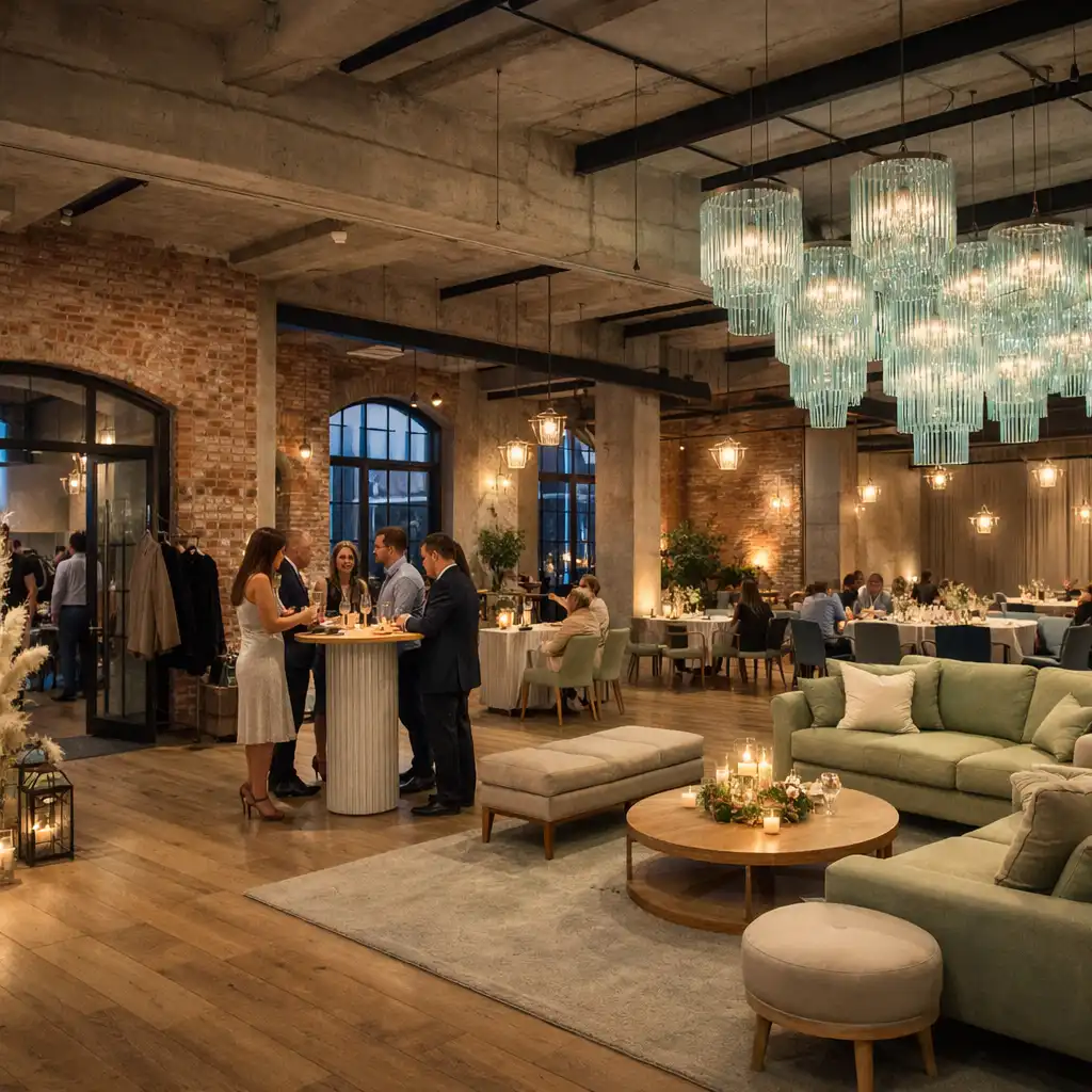 Gotowy event w industrialnym lofcie z cocktail area, lounge i grupami gości.