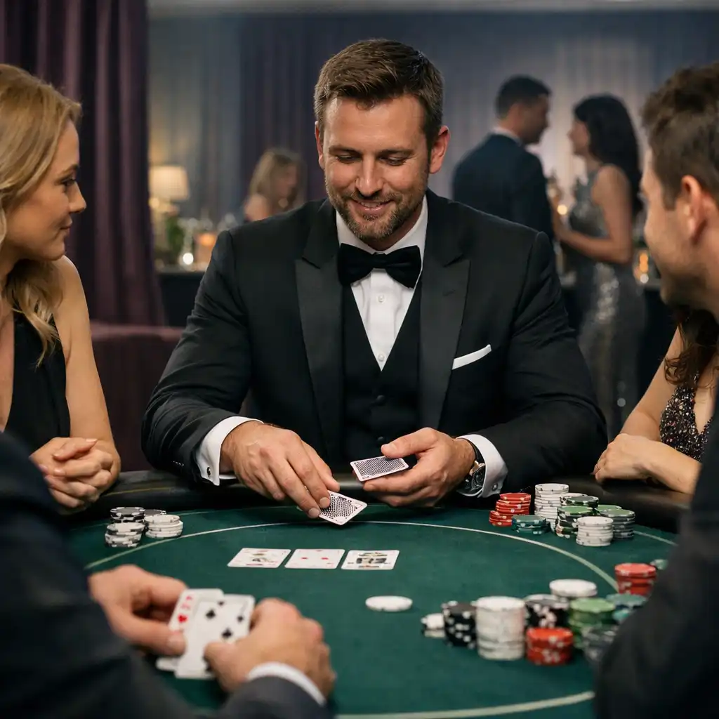 Goście przy stole pokerowym podczas eleganckiego Casino Night z prowadzącym w przestrzeni eventowej