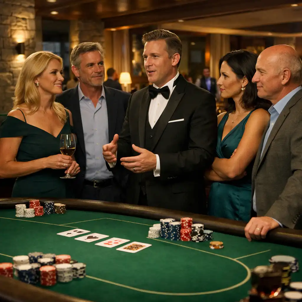 Prowadzący i goście przy stole pokerowym podczas eleganckiego Casino Night